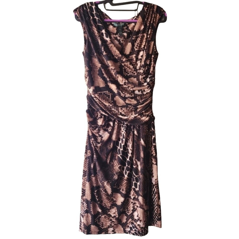 LAUREN RALPH LAUREN Slinky Snake Print Faux Wrap Dress Sleeveless Midi EUC Sz 6 - Picture 2 of 5